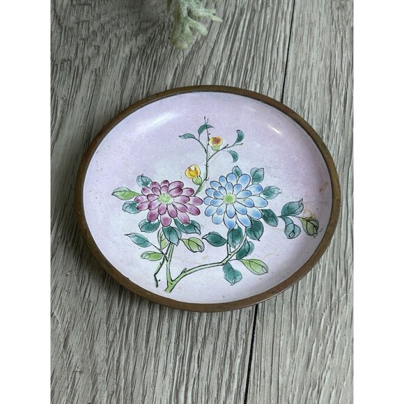 Vintage Enamel Coated Trinket Dish Pink Floral Country Cottage 3” - Picture 2 of 5